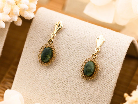 Vintage green agate earrings 14k solid yellow gold drop earrings filigree