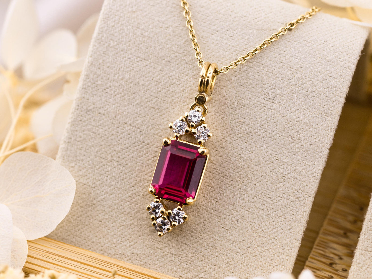 Vintage ruby necklace pendant lab grown ruby 10k solid yellow gold