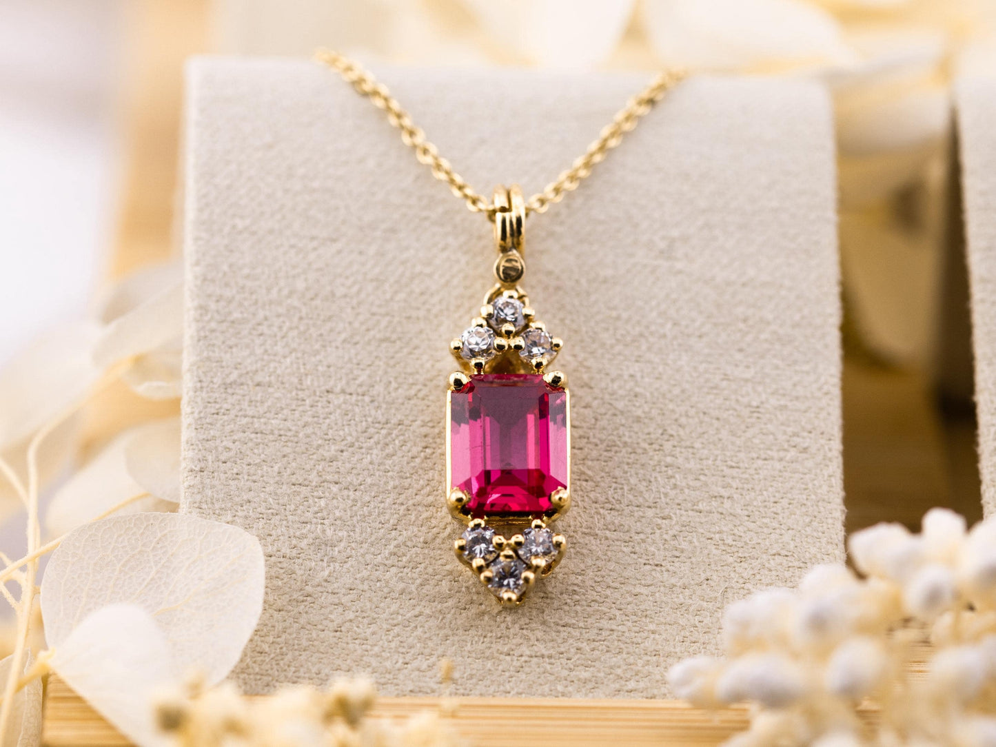 Vintage ruby necklace pendant lab grown ruby 10k solid yellow gold