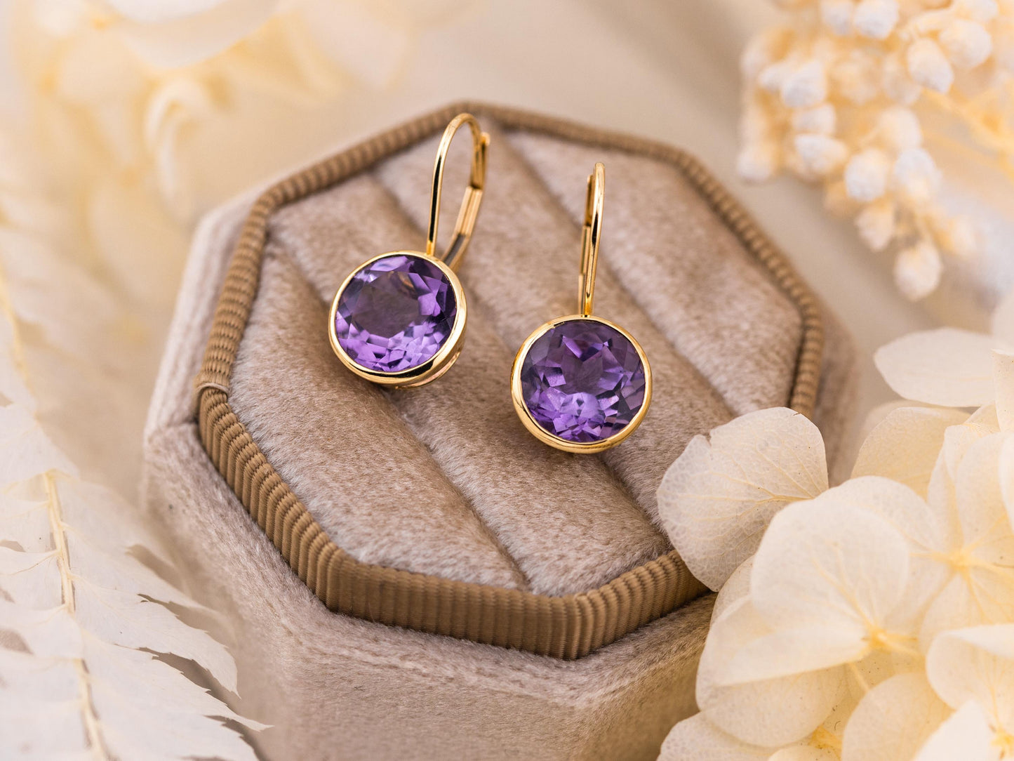 Vintage Amethyst earrings bezel set 14k yellow gold drop earrings