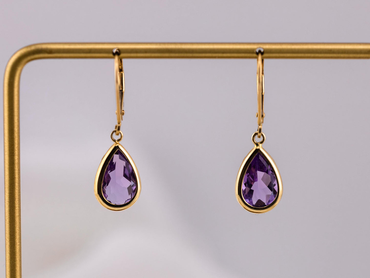 Amethyst Earrings bezel set pear Dangle Tear Drop earrings 14k solid yellow gold February birthstone earrings