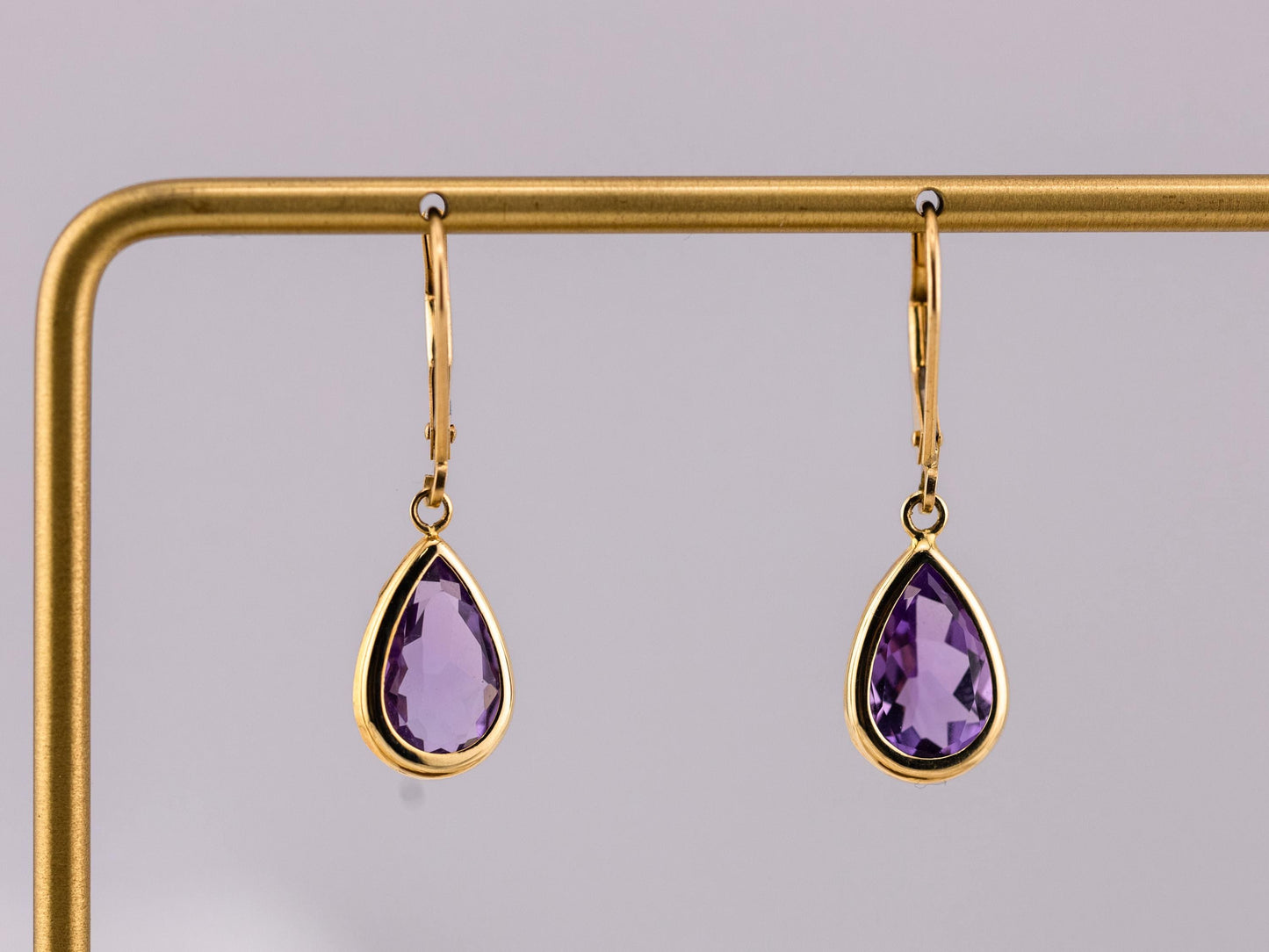 Amethyst Earrings bezel set pear Dangle Tear Drop earrings 14k solid yellow gold February birthstone earrings