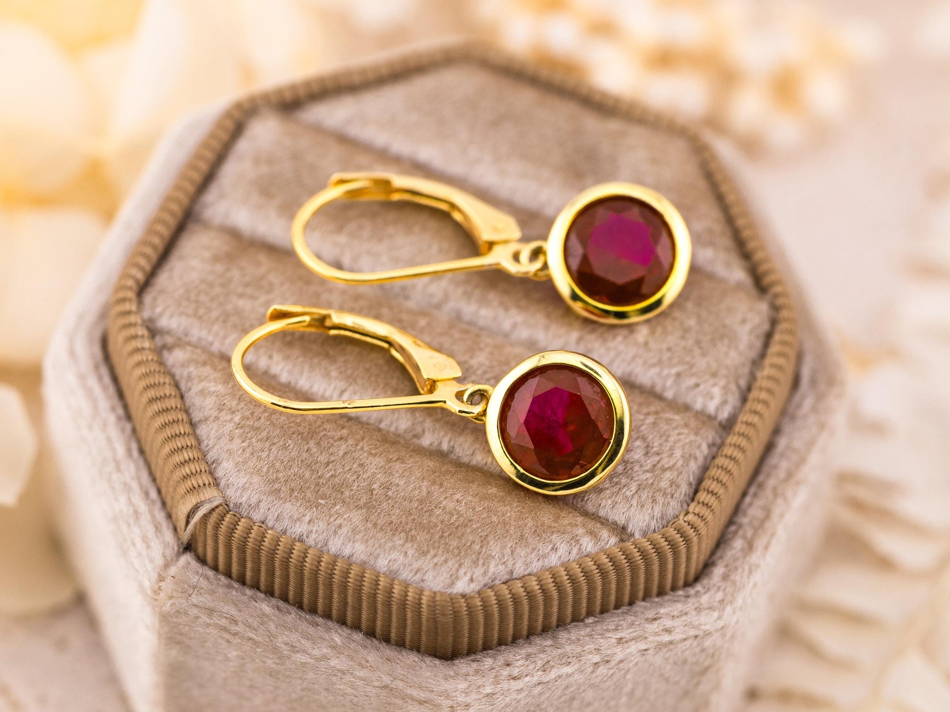 Ruby earrings lab created Ruby 4 CT bezel earrings July birthstone earrings round vintage drop dangle earrings 14K yellow gold plated