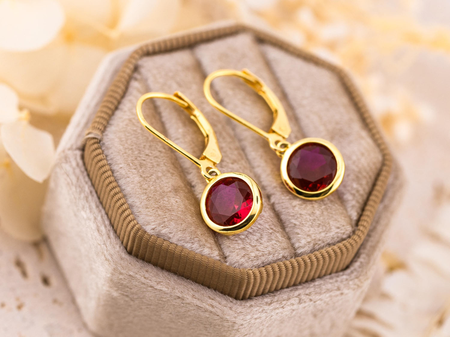 Ruby earrings lab created Ruby 4 CT bezel earrings July birthstone earrings round vintage drop dangle earrings 14K yellow gold plated