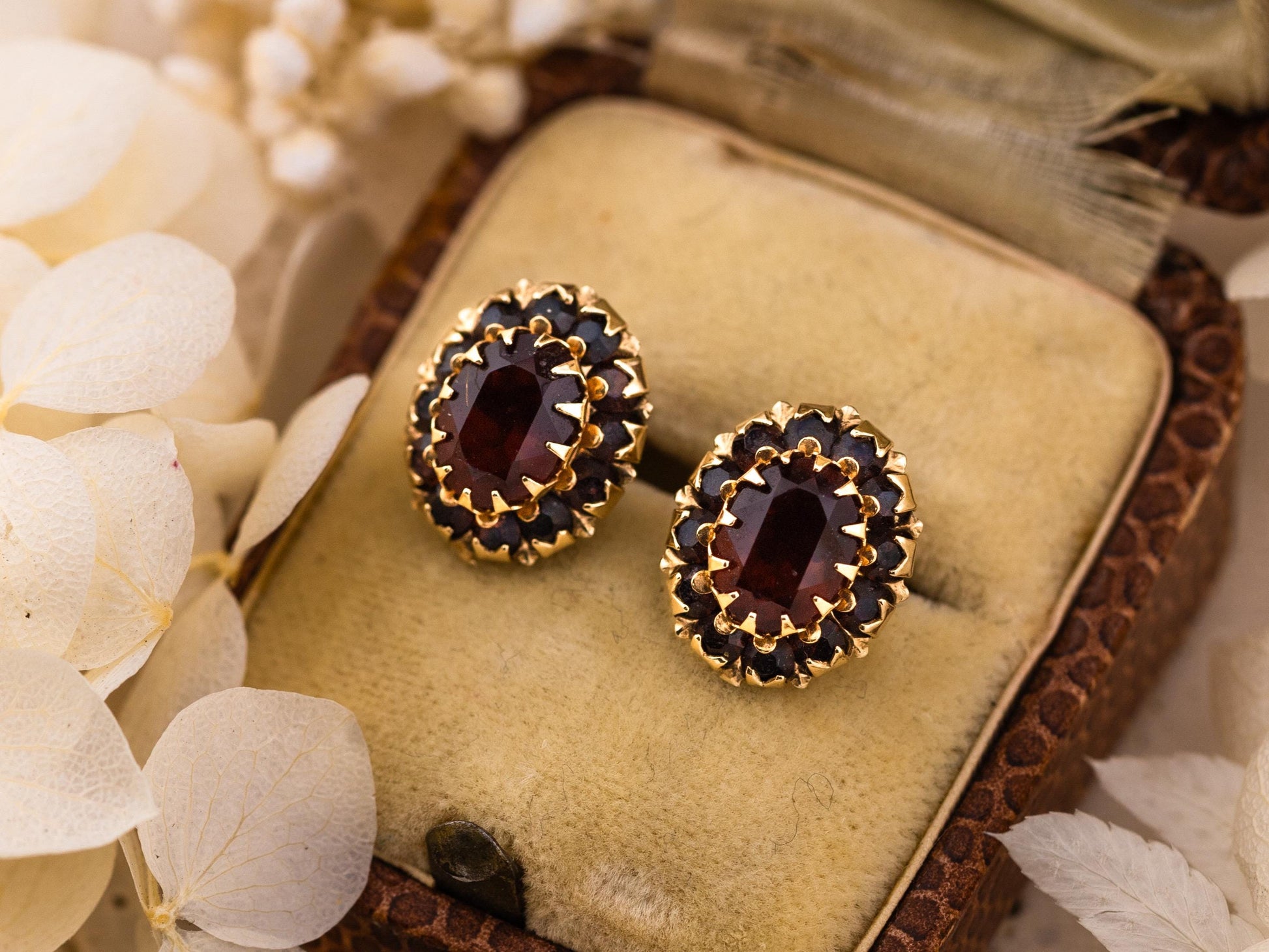 Vintage garnet earrings January birthstone earrings Victorian art deco earrings solid 10k yellow gold earrings