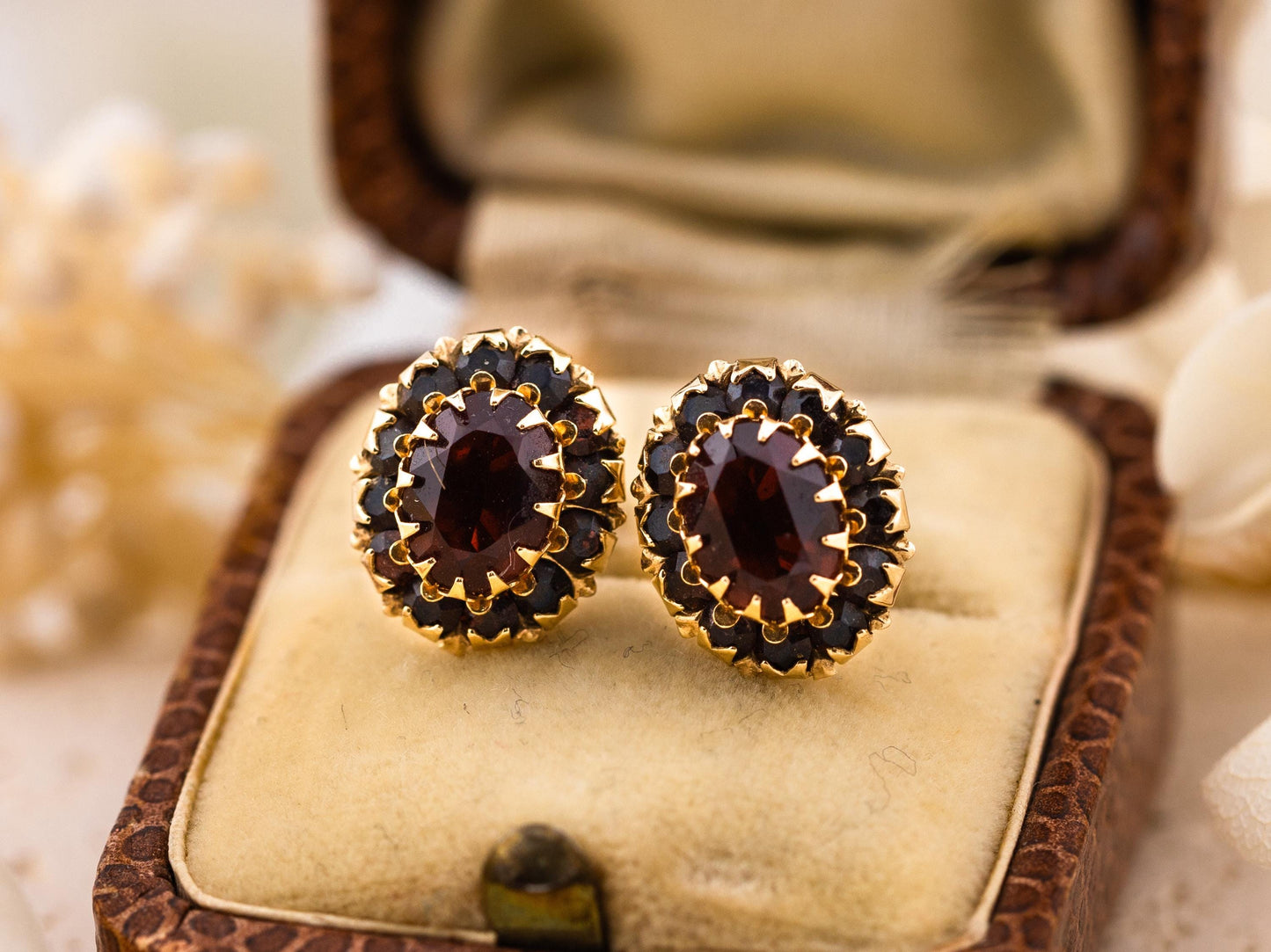 Vintage garnet earrings January birthstone earrings Victorian art deco earrings solid 10k yellow gold earrings