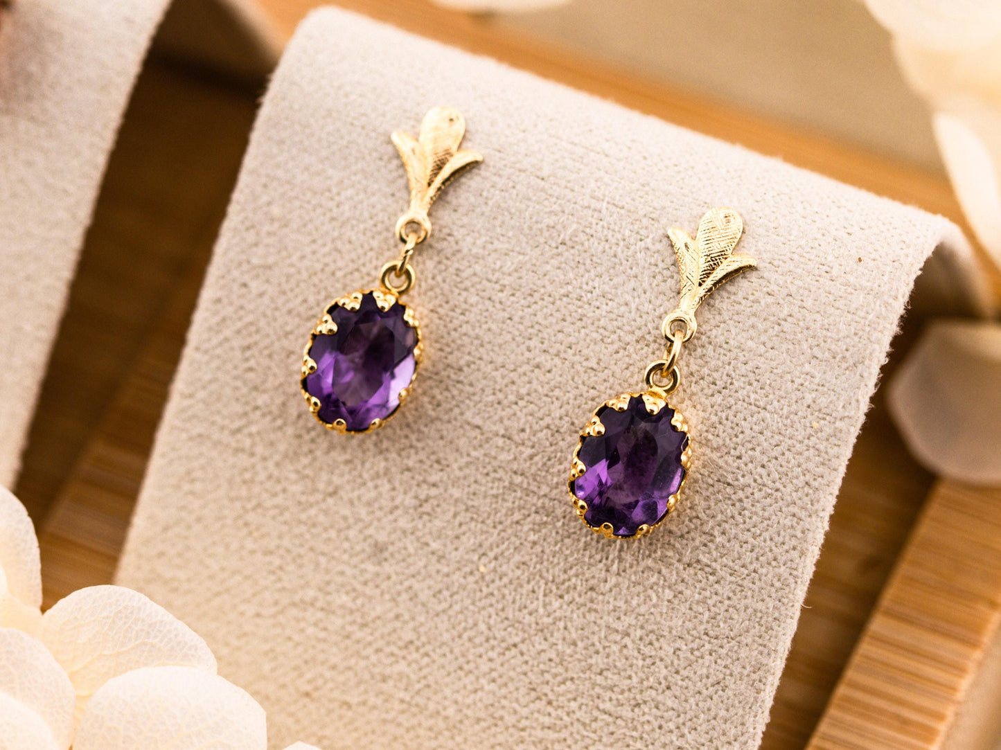 Vintage earrings drop oval amethyst earrings 14k solid yellow gold February birthstone earrings