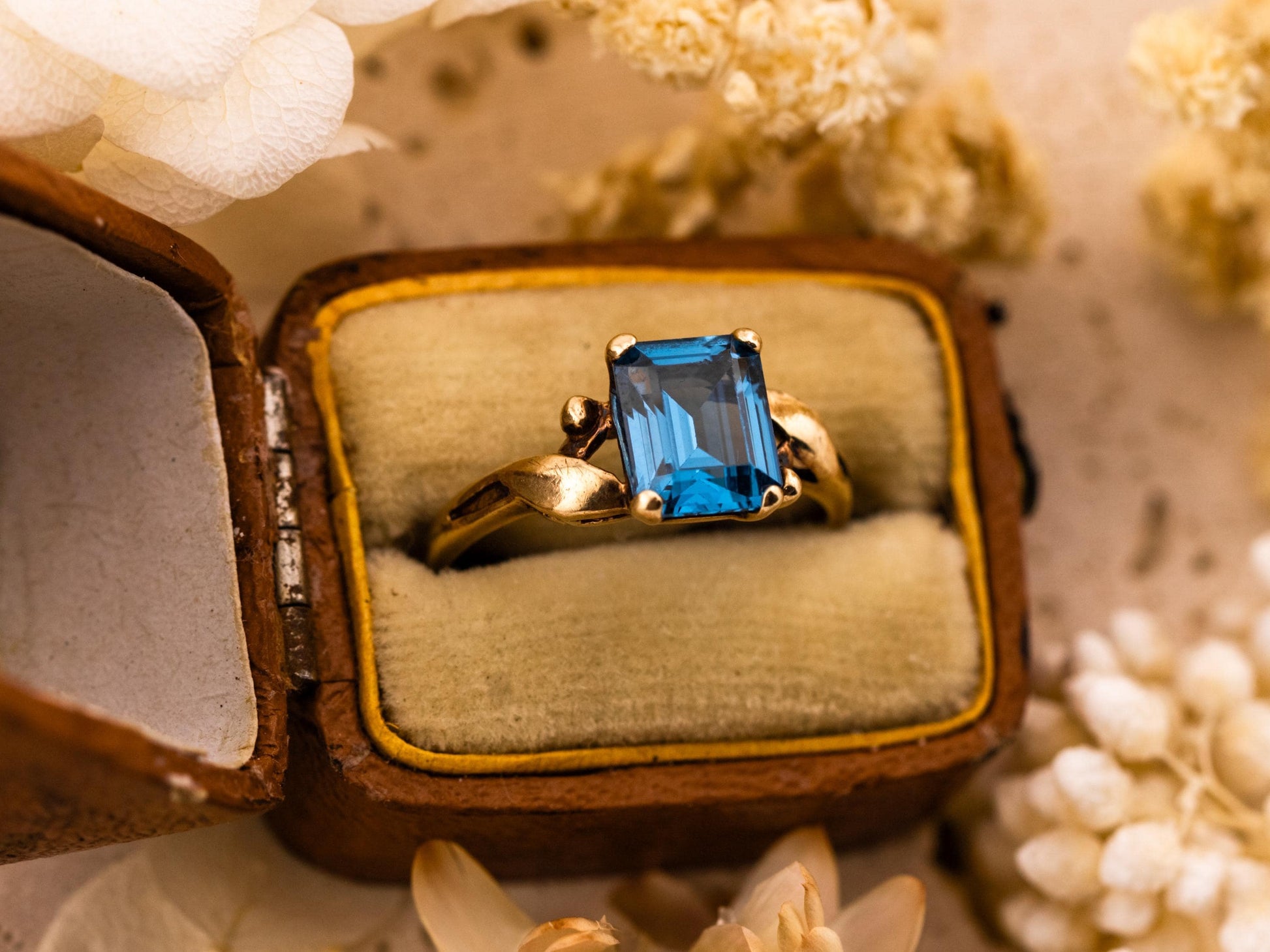 Vintage Topaz ring emerald cut Blue Topaz 10k solid yellow gold ring