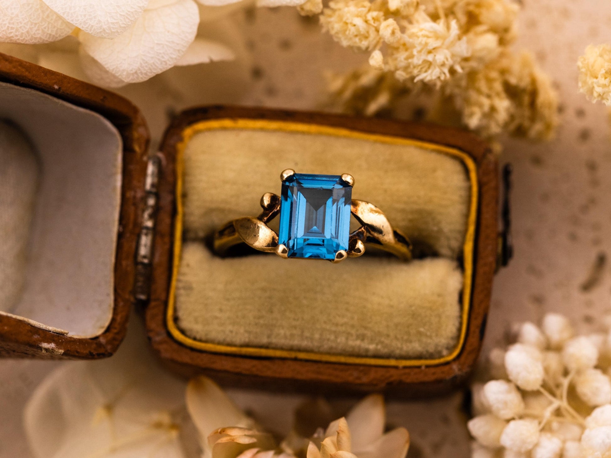 Vintage Topaz ring emerald cut Blue Topaz 10k solid yellow gold ring