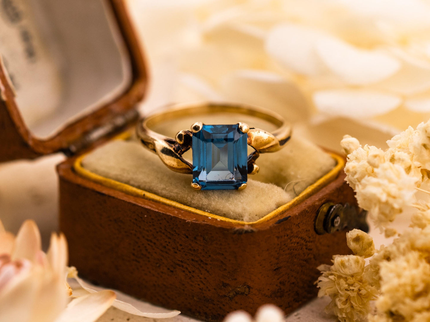 Vintage Topaz ring emerald cut Blue Topaz 10k solid yellow gold ring