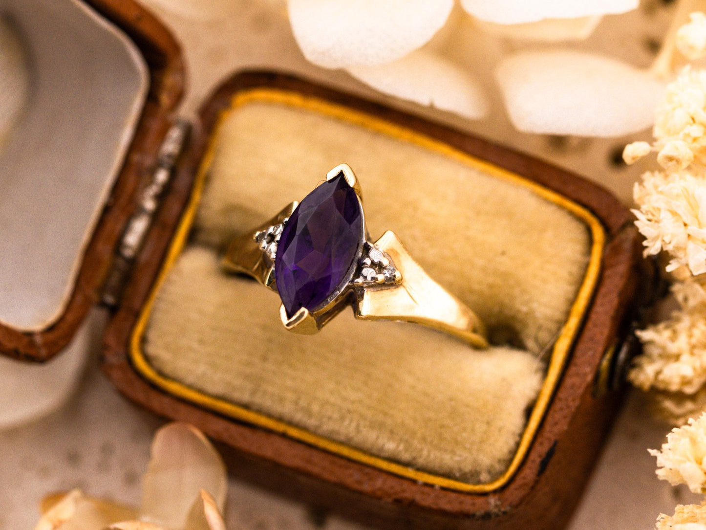 Vintage amethyst marquise ring 10k solid yellow gold ring amethyst and diamond