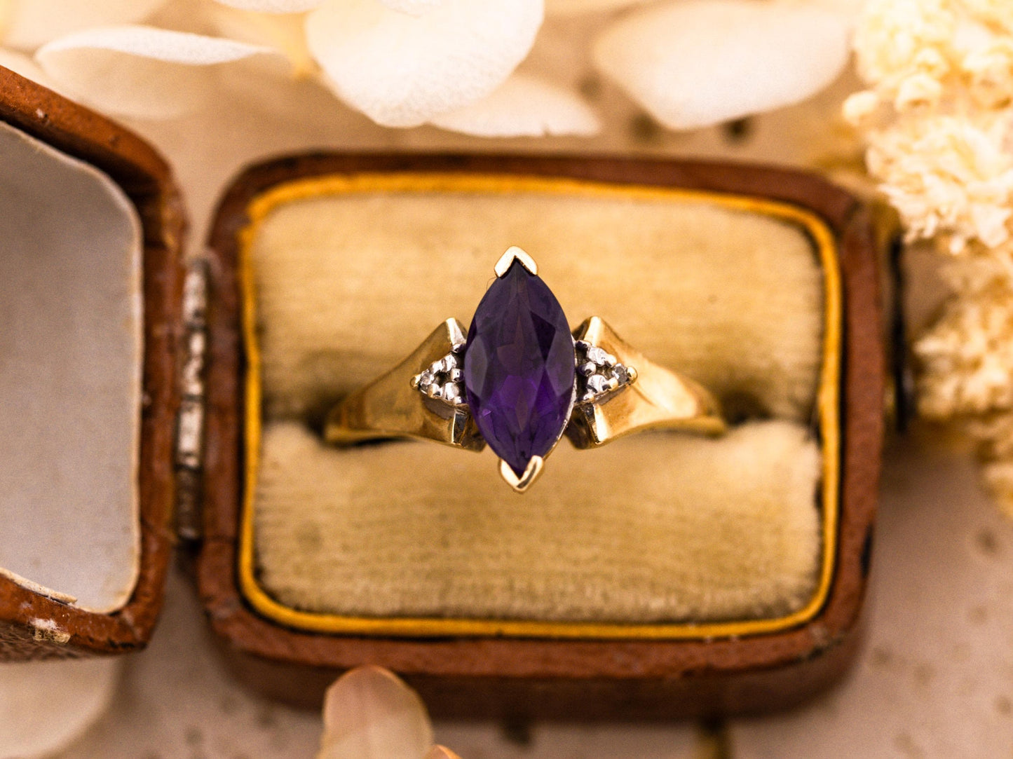 Vintage amethyst marquise ring 10k solid yellow gold ring amethyst and diamond