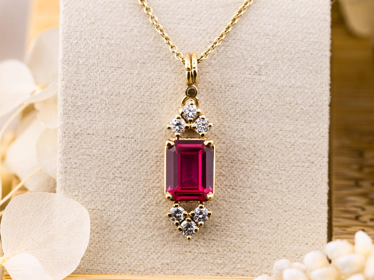 Vintage ruby necklace pendant lab grown ruby 10k solid yellow gold