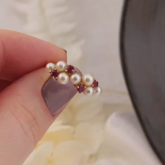 Vintage pearl and ruby ring 14k solid gold ring antique cluster round cut, size 7.25