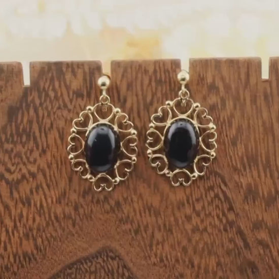 Vintage Onyx Earrings Post Dangle Earrings 14k Solid Gold