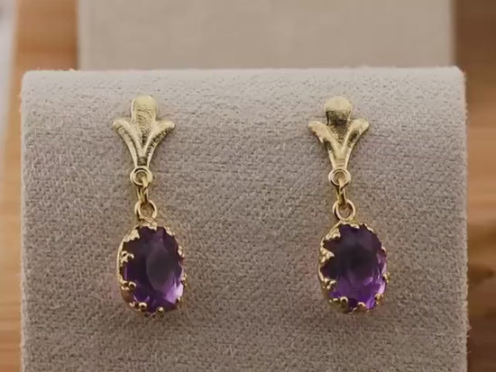 Vintage earrings drop oval amethyst earrings 14k solid yellow gold February birthstone earrings