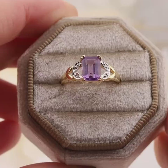 Vintage Amethyst and diamond ring 14k solid gold statement or engagement ring, genuine antique vintage emerald cut ring