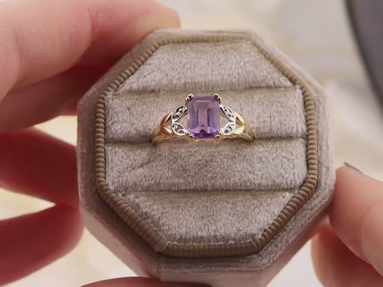 Vintage Amethyst and diamond ring 14k solid gold statement or engagement ring, genuine antique vintage emerald cut ring