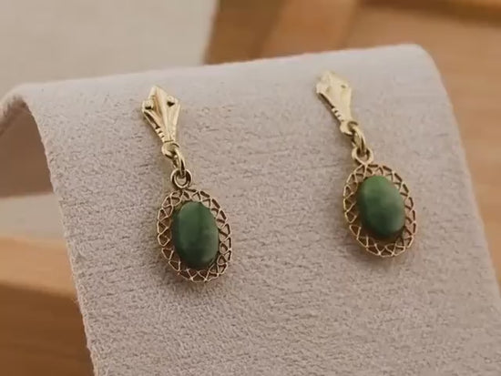 Vintage green agate earrings 14k solid yellow gold drop earrings filigree