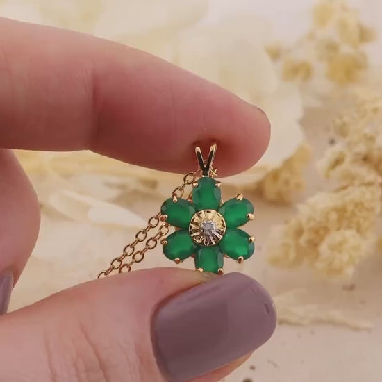 Flower necklace pendant 18k plated gold necklace nature inspired necklace floral necklace statement piece green agate and diamond