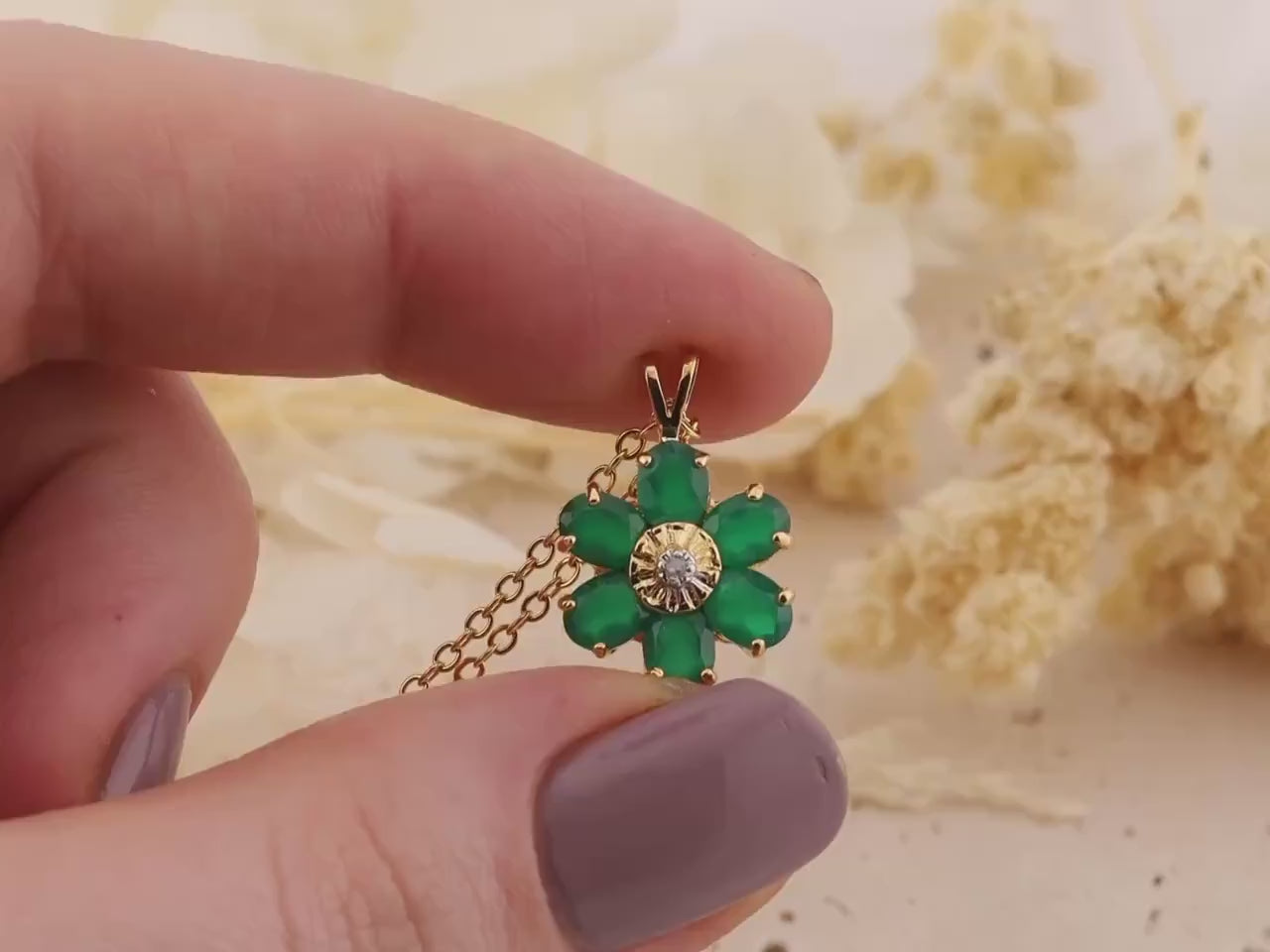 Flower necklace pendant 18k plated gold necklace nature inspired necklace floral necklace statement piece green agate and diamond