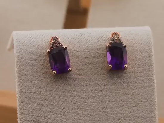 Vintage amethyst earrings studs 10k solid rose gold with white topaz accents