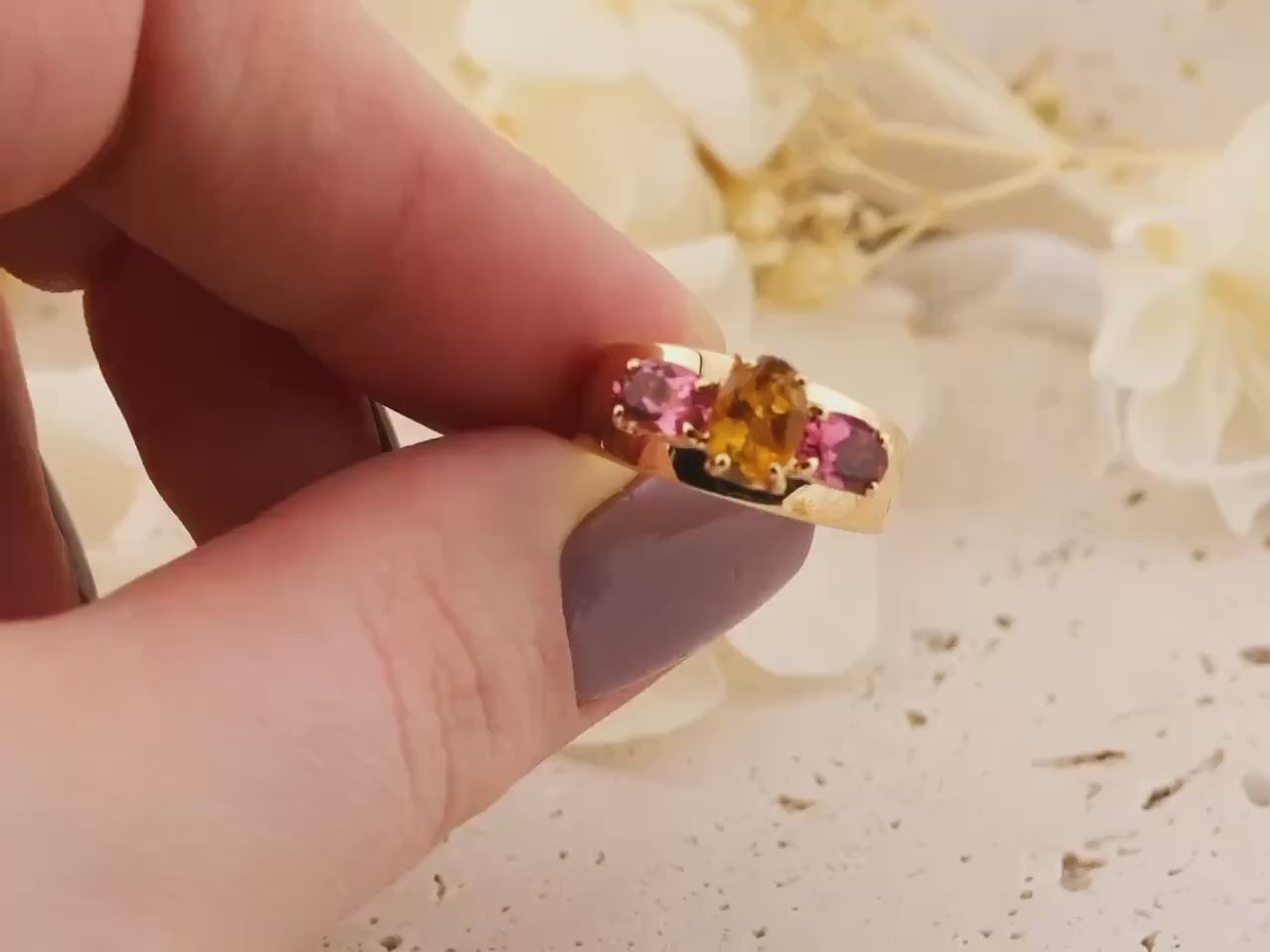 Vintage citrine ring 14k gold citrine ring three stone ring morganite ring solid gold statement ring solid gold ring birthstone ring