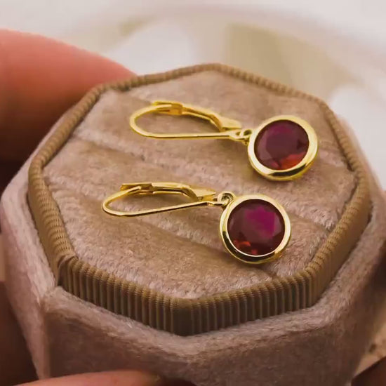 Ruby earrings lab created Ruby 4 CT bezel earrings July birthstone earrings round vintage drop dangle earrings 14K yellow gold plated