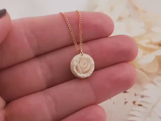 Vintage Ivory Necklace Pendant and gold chain, Rose