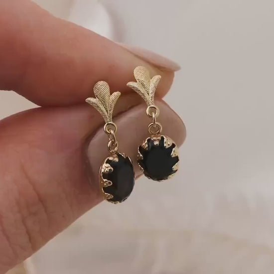 Vintage Earrings Drop Oval Black Agate Onyx Earrings 14k Solid Yellow Gold